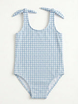 Girls Blue Checked Bow Bathingsuit