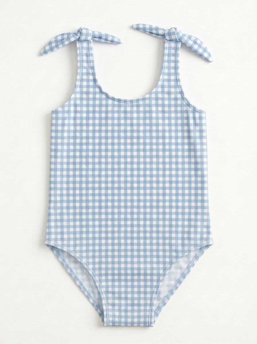Girls Blue Checked Bow Bathingsuit