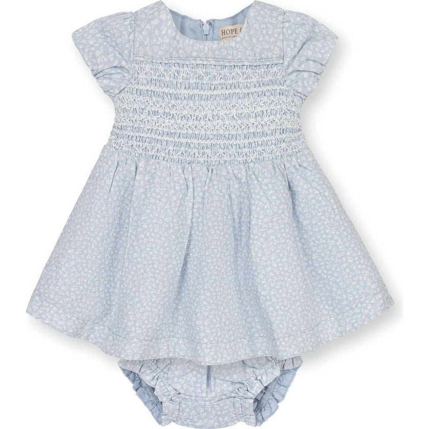 Linen Smocked Puff Sleeve Dress, Blue