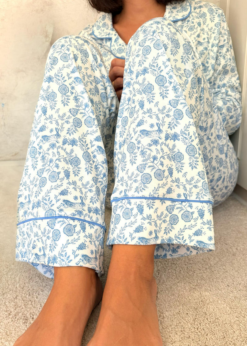 Floral Bunnies Woman's Pima Cotton Long Pajama Set