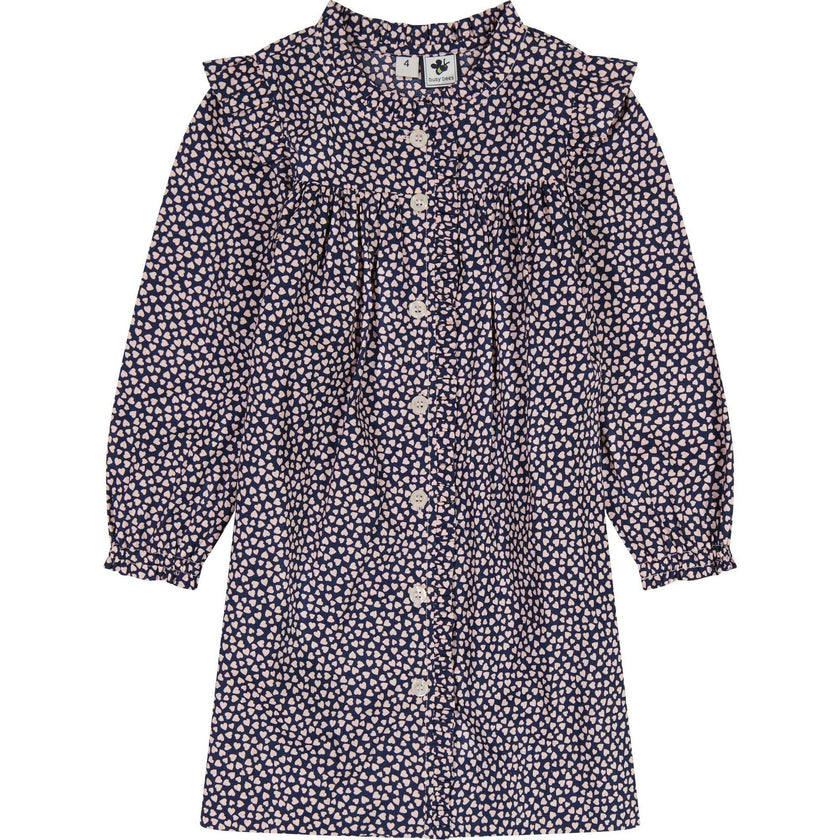Quinn Girls Mini Hearts Print Ruffle Front Dress, Pink