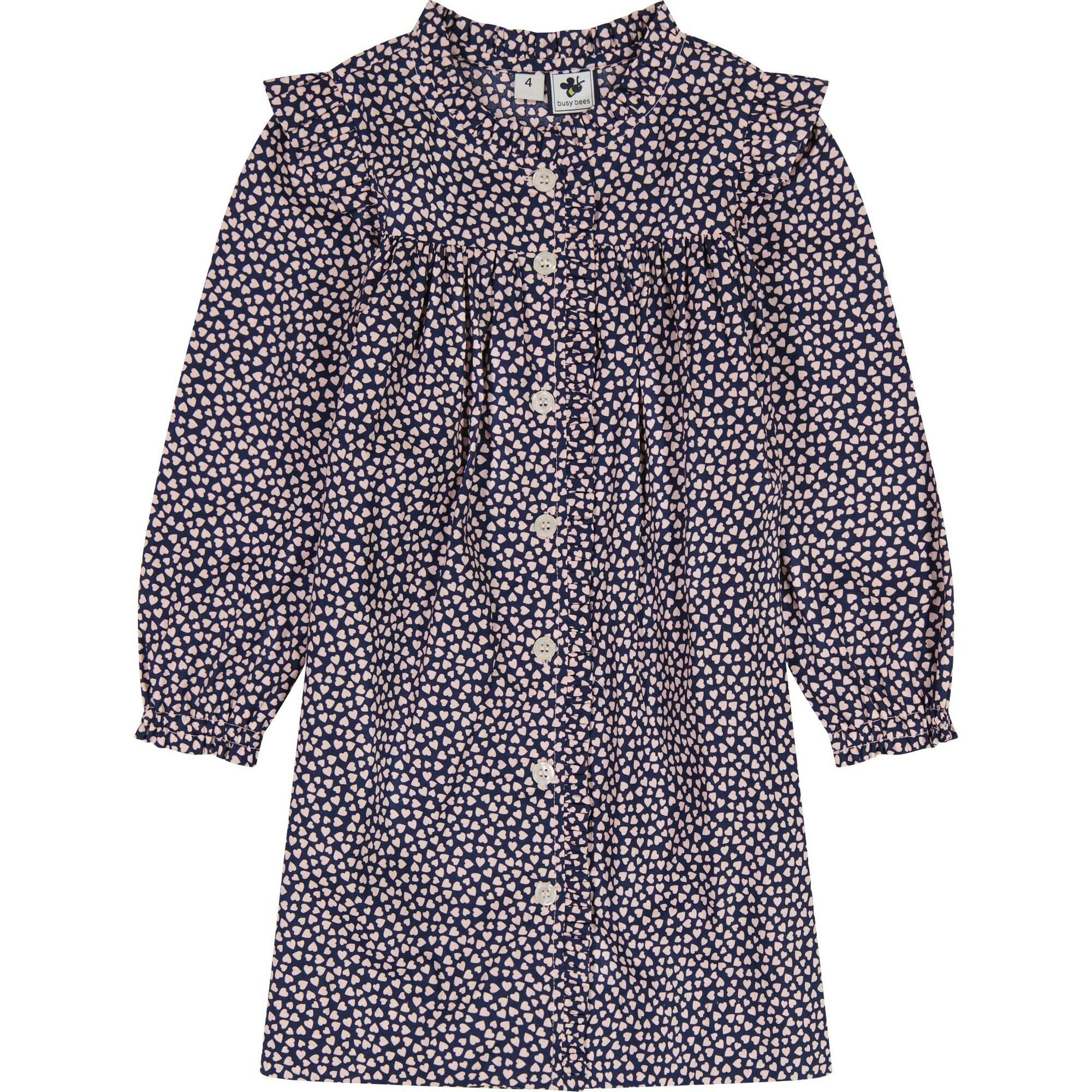 Quinn Girls Mini Hearts Print Ruffle Front Dress, Pink