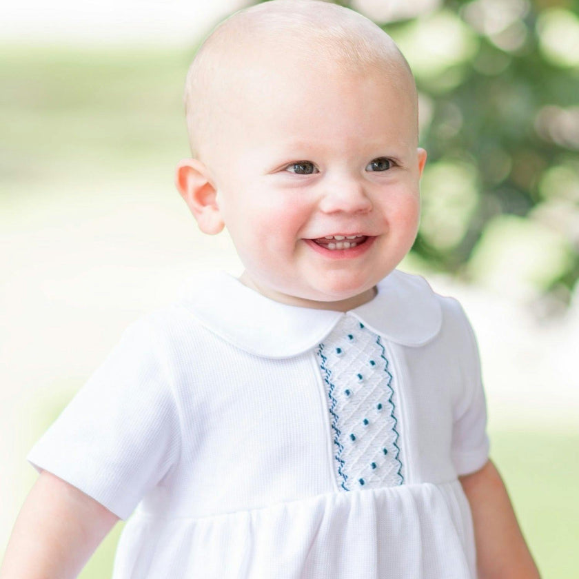 Oliver Hand Smocked Special Knit Bubble | White/Lt Blue