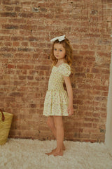 Lexi Pastel Yellow Ditsy Satin Smocked Short Sleeve Ruffle Dress
