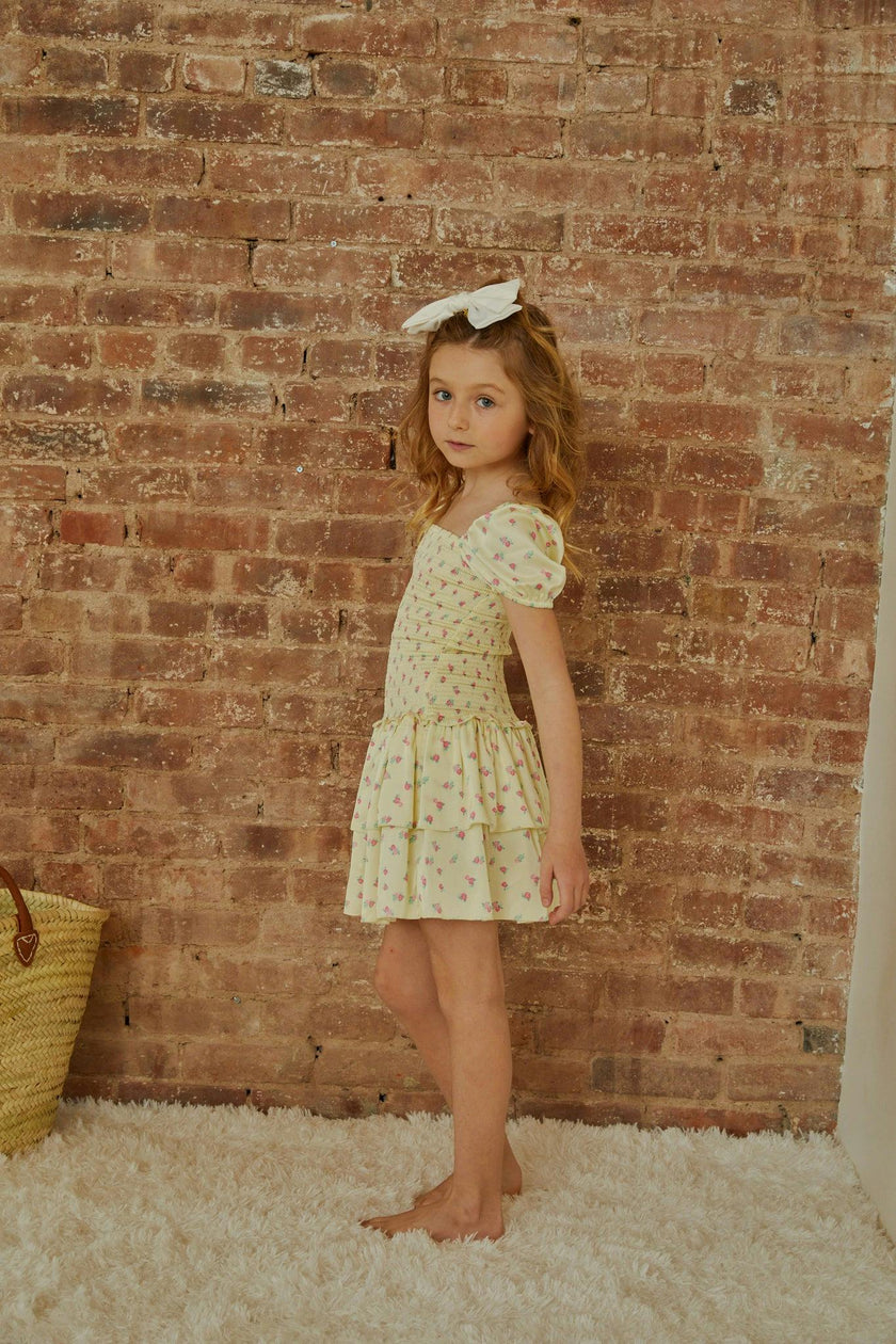 Lexi Pastel Yellow Ditsy Satin Smocked Short Sleeve Ruffle Dress
