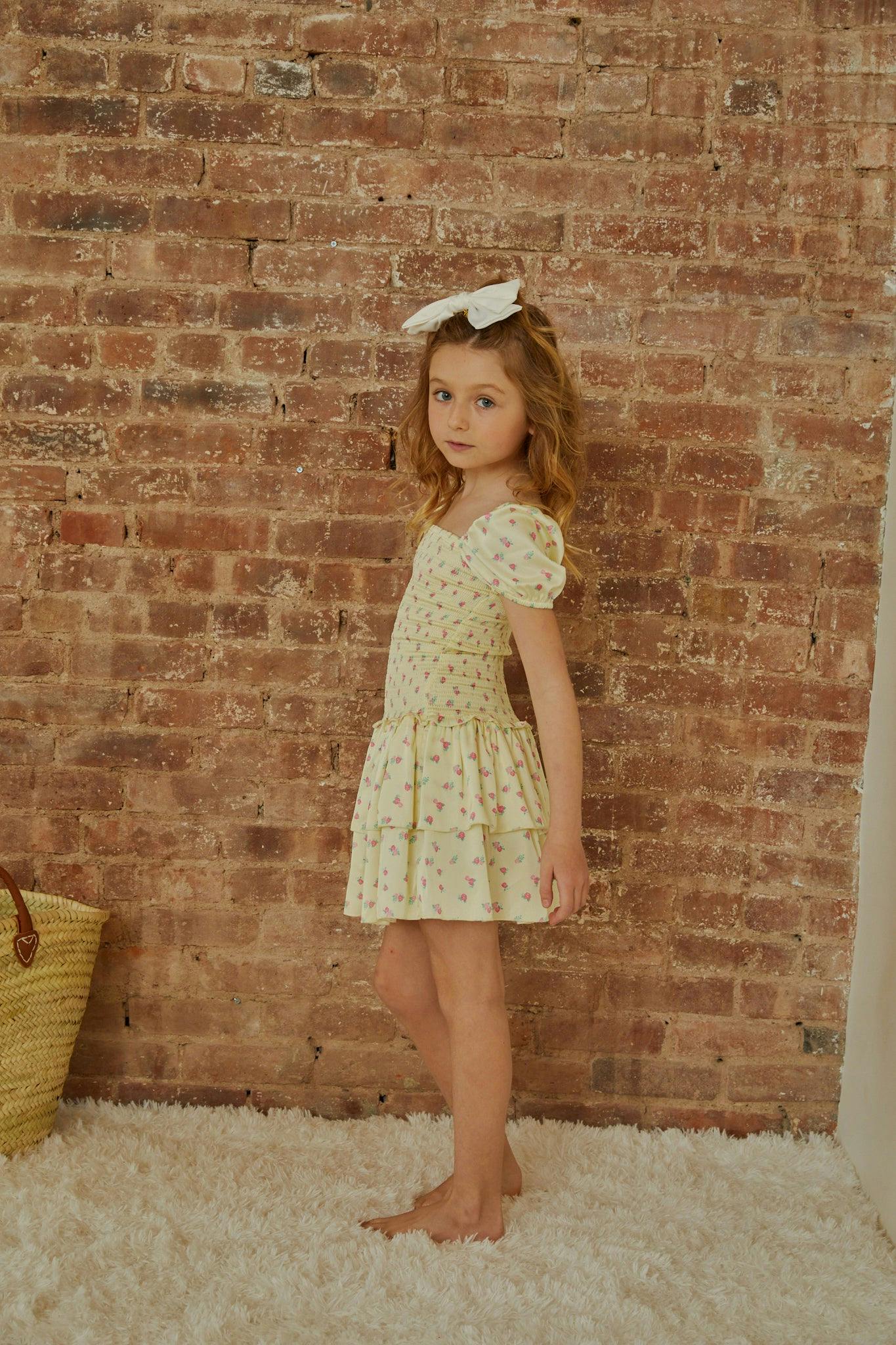 Lexi Pastel Yellow Ditsy Satin Smocked Short Sleeve Ruffle Dress