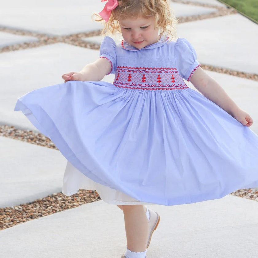 Lavender Blue Princess Charlotte Hand Smocked Embroidered Collar Short Sleeve Dress with Bloomer (12mo - 3 yrs)