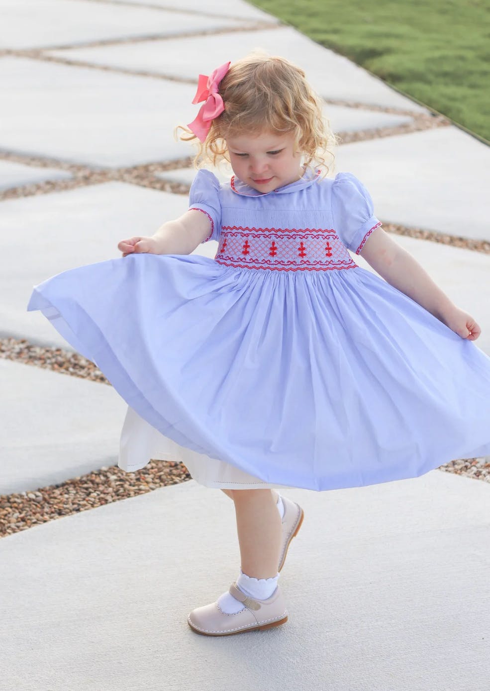 Lavender Blue Princess Charlotte Hand Smocked Embroidered Collar Short Sleeve Dress with Bloomer (12mo - 3 yrs)