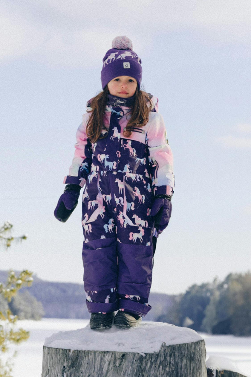 Kids One Piece Play Snowsuit Purple Unicorn Print