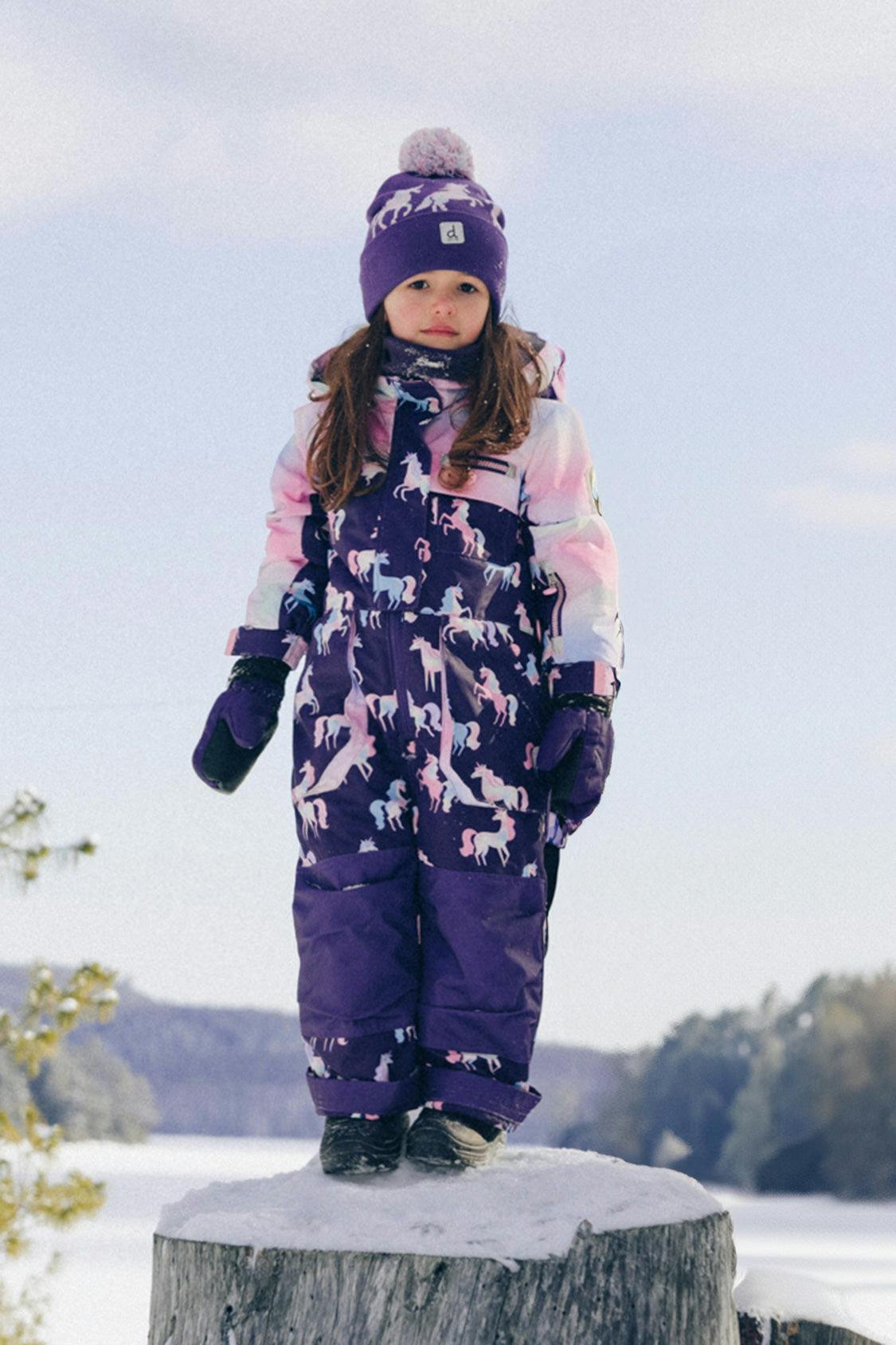 Kids One Piece Play Snowsuit Purple Unicorn Print