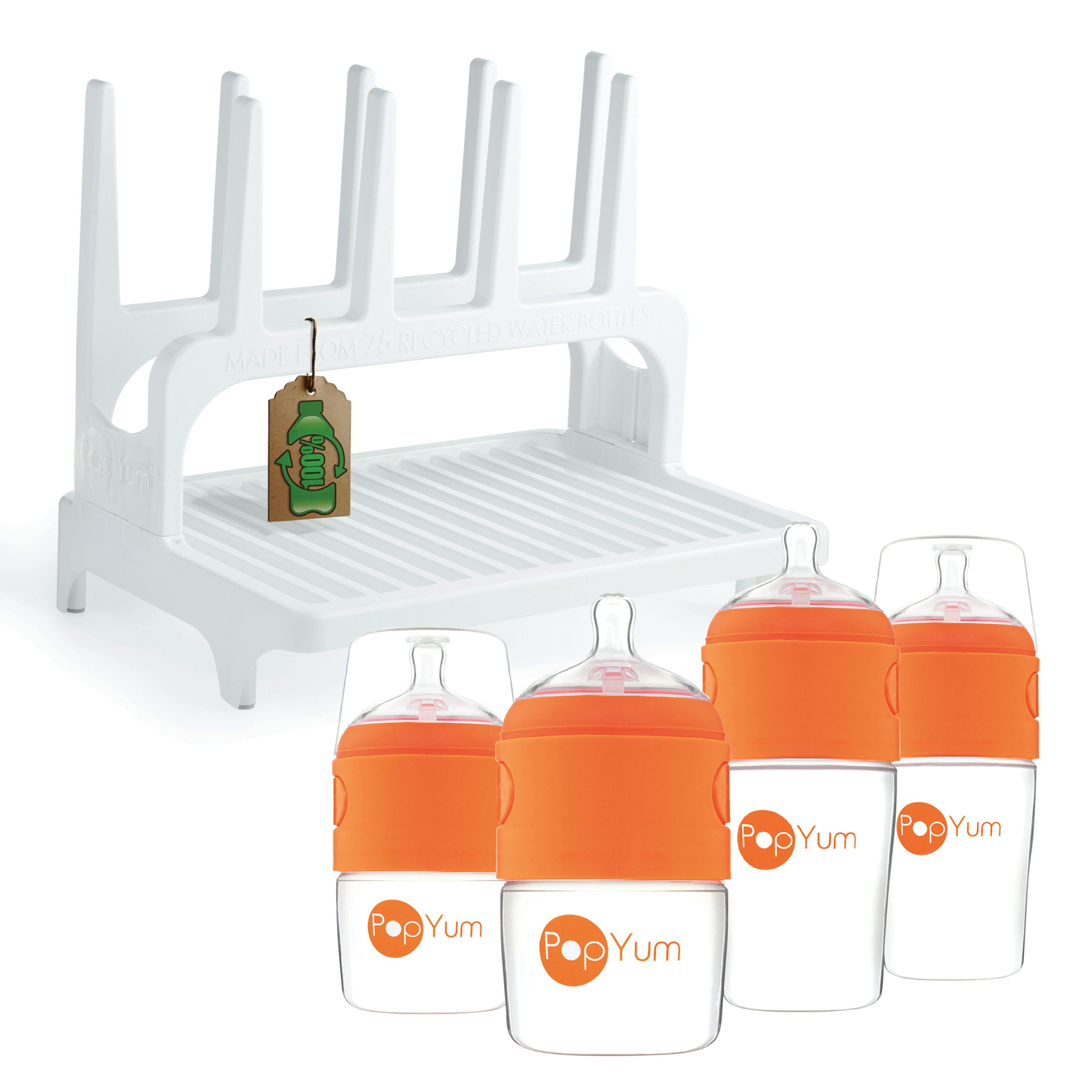 PopYum Orange Formula Making Baby Bottle Set 4-Pack with White Drying Rack Bundle