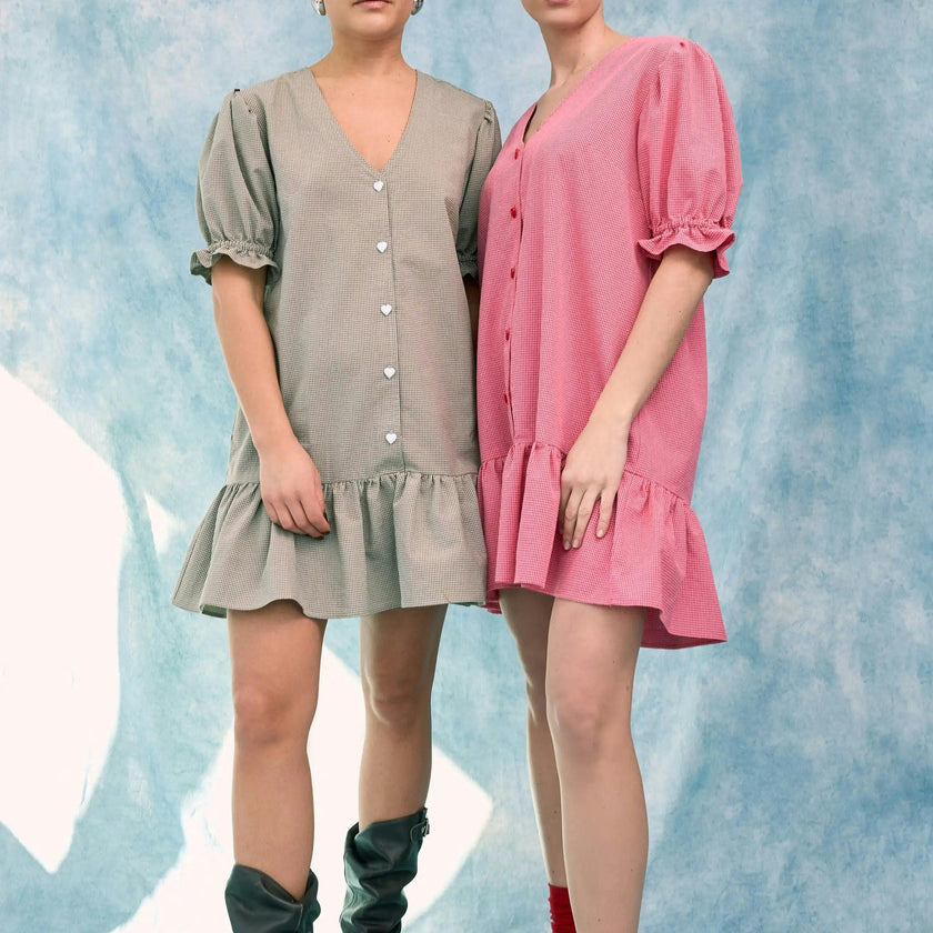 women's vichy frilled dress - foggy brown