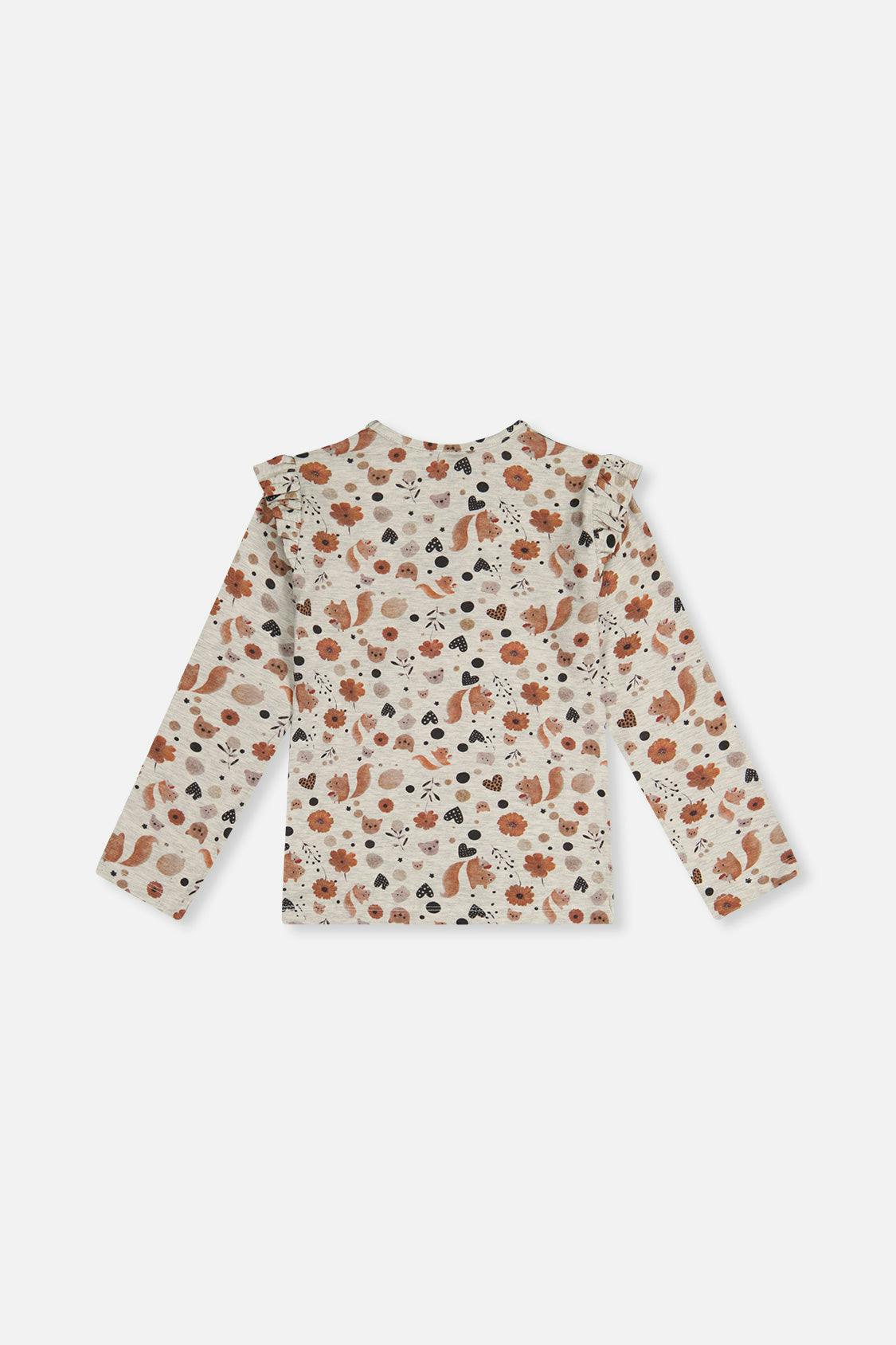 Long Sleeve Organic Cotton T-Shirt Beige With Squirrel Print