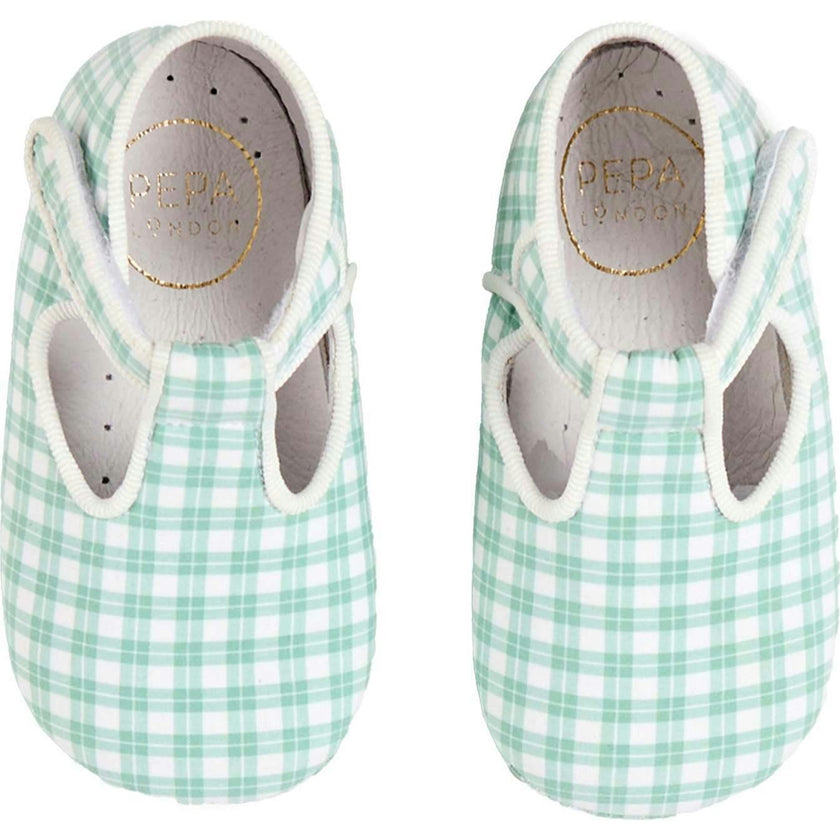 Lucas Check T-Bar Pram Shoes in Green (17-20EU)
