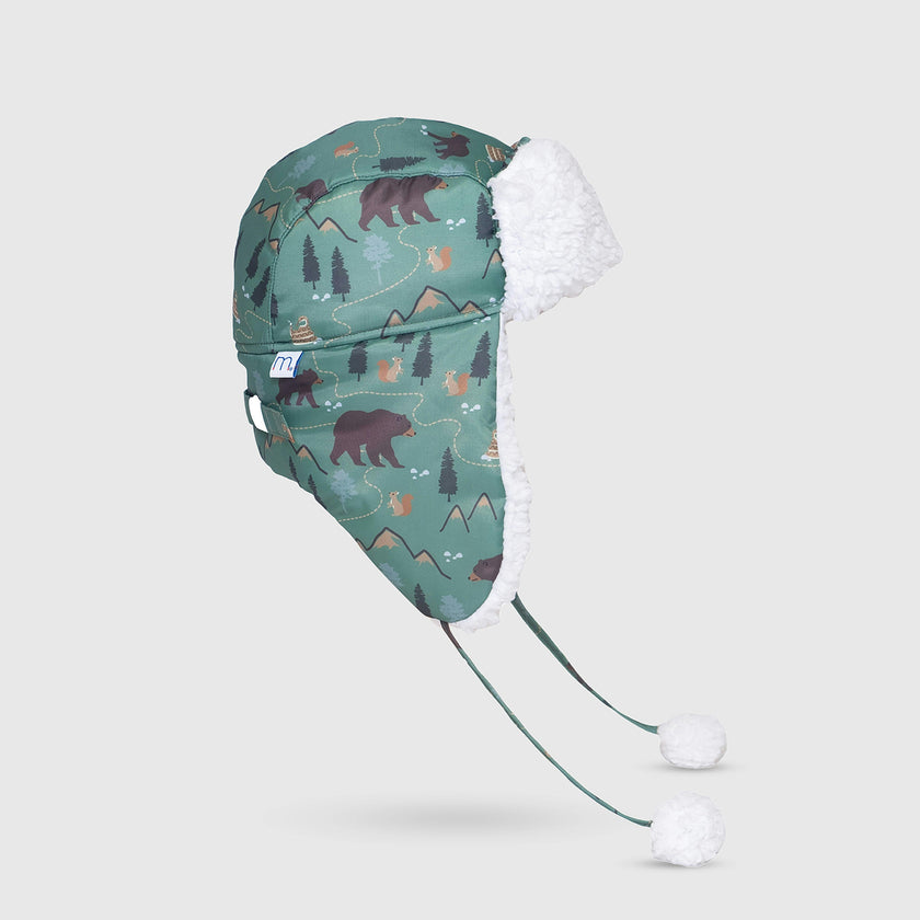 The Cozy Trapper Hat – Camping Trails Print with Coconut White Sherpa Liner & Pompoms