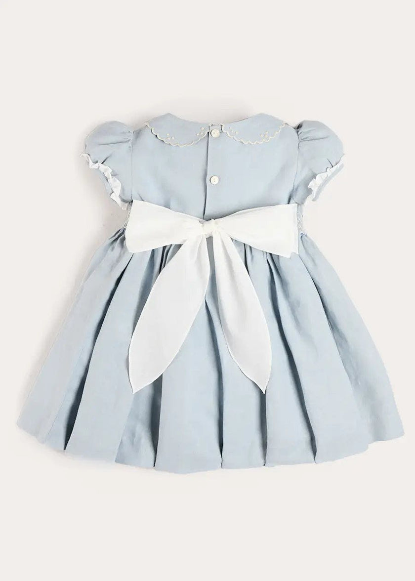 Hand Smocked Peter Pan Collar Short Sleeve Dress in Sky Blue (12mths-10yrs)