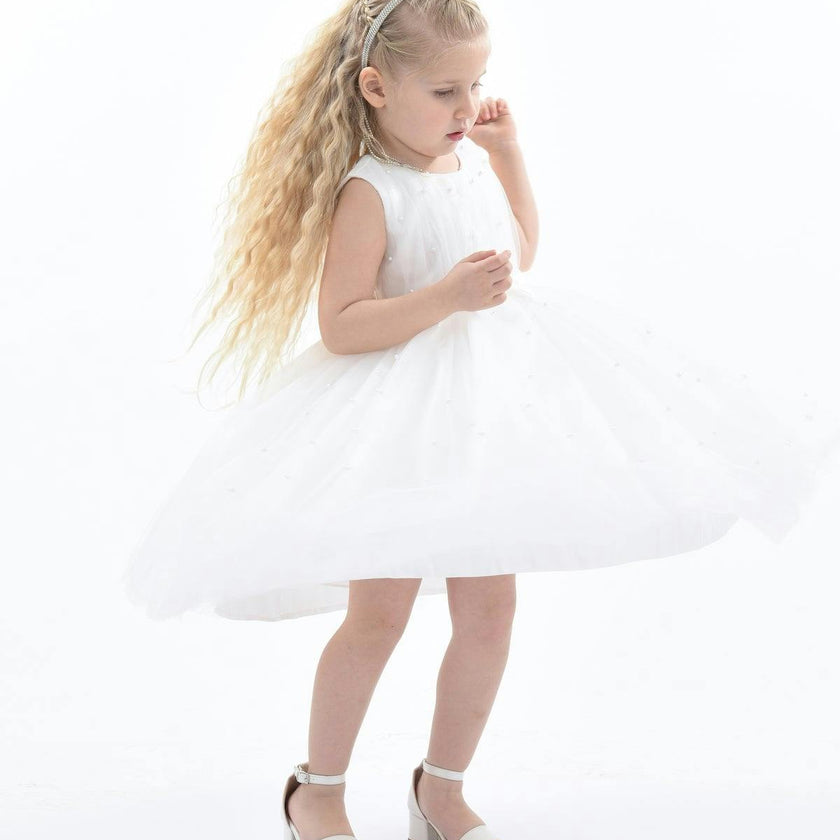 White Pearl Bow Tulle Dress