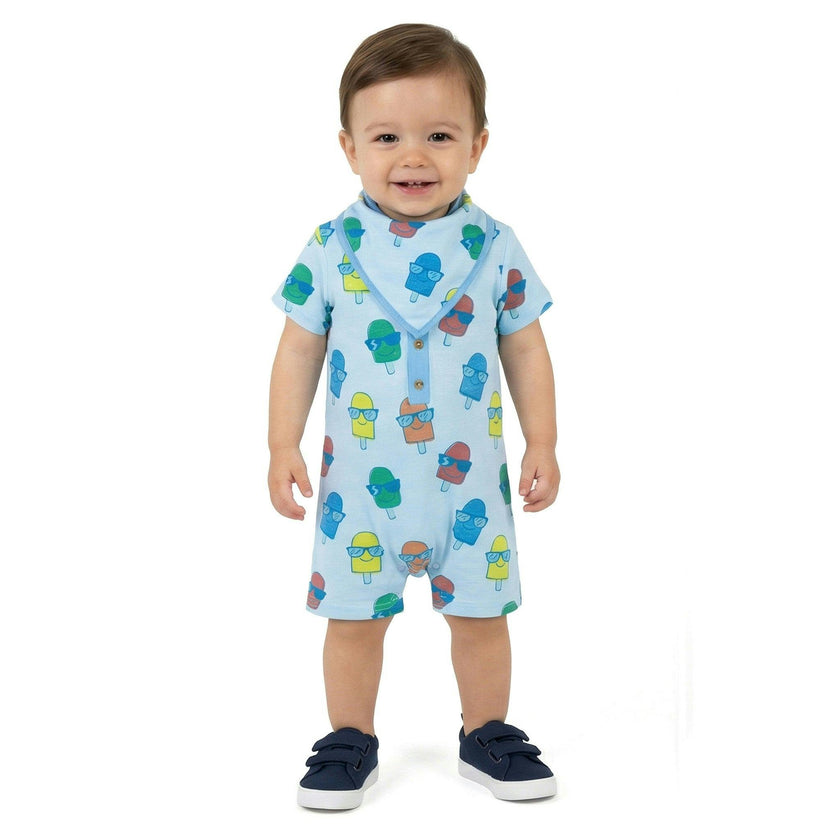 Infant Boys Henley Romper & Bib Set | Blue Ice-Pops