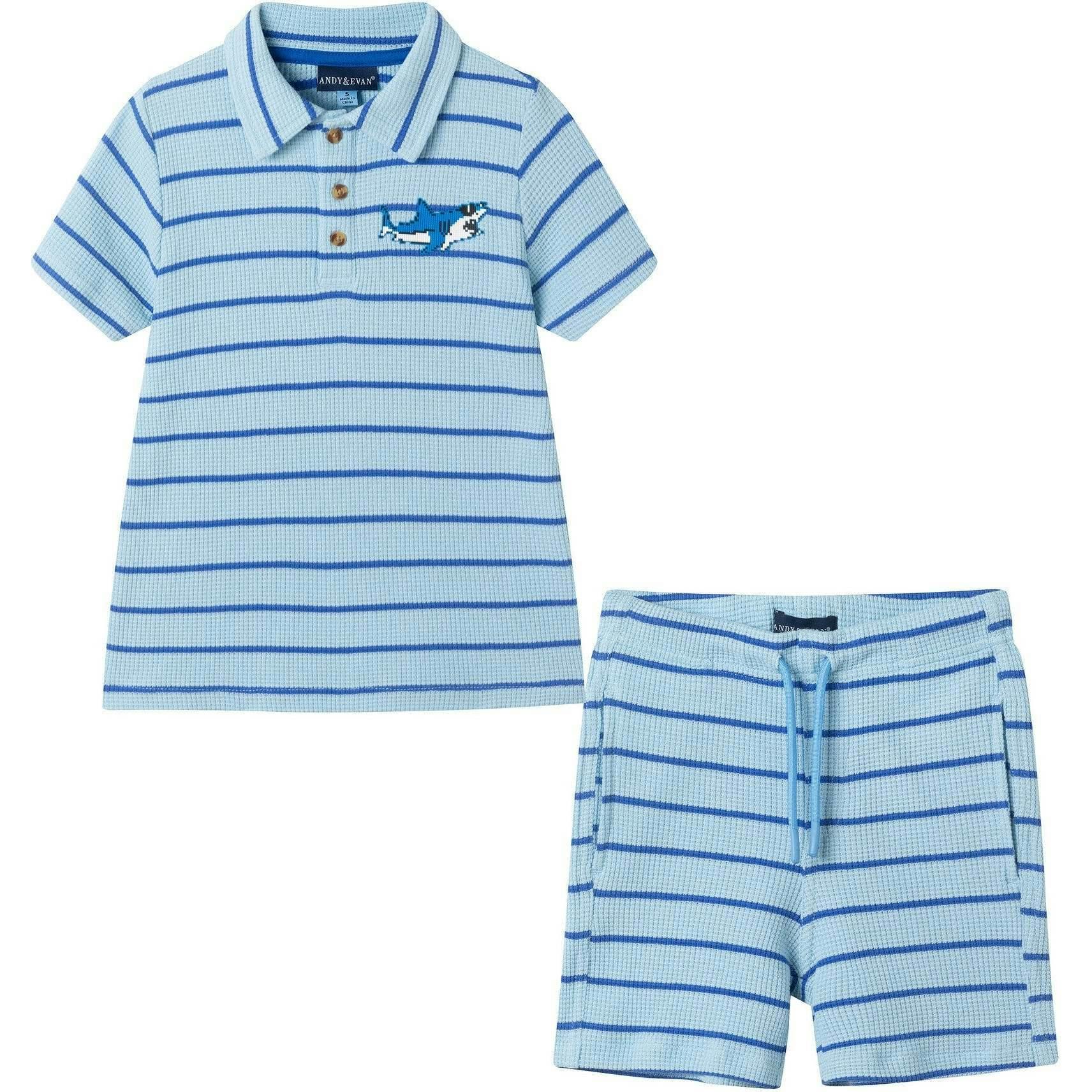 Boys Striped Waffle Polo Set | Blue Shark