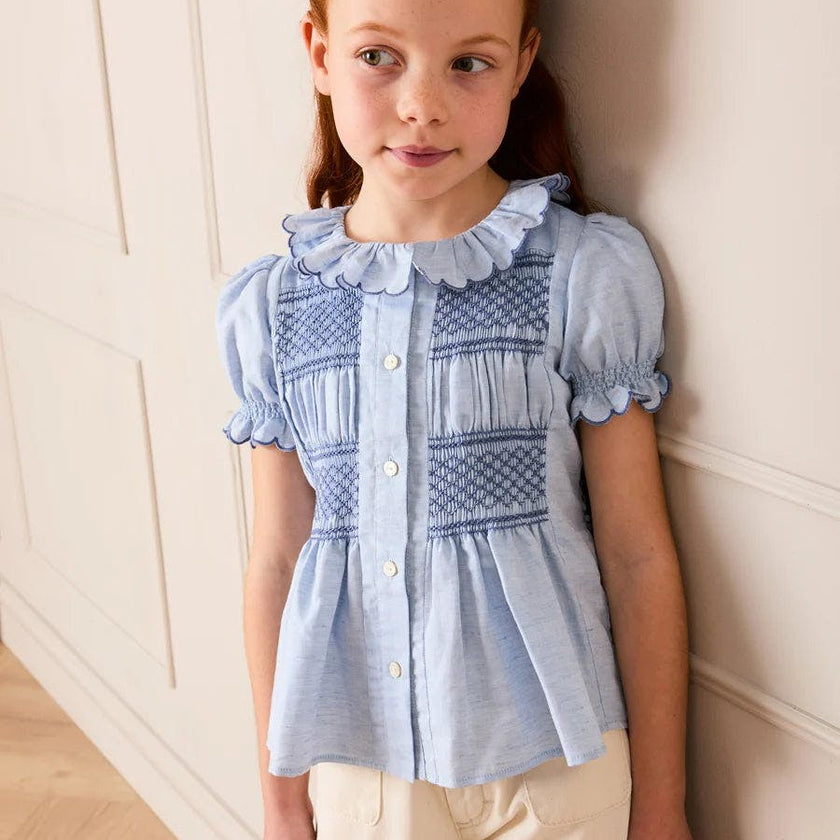 Smocked Peplum Scallop Collar Blouse in Blue (2-12yrs)