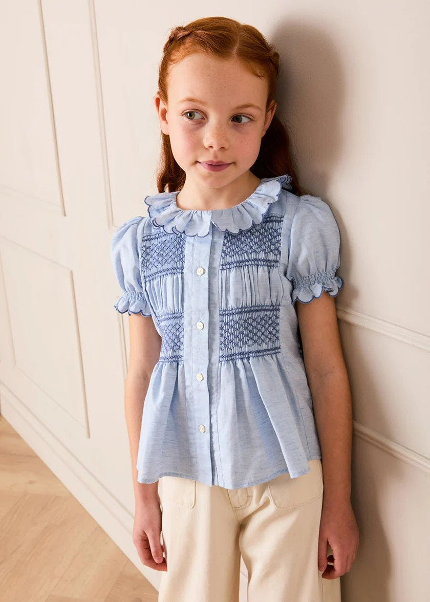 Smocked Peplum Scallop Collar Blouse in Blue (2-12yrs)