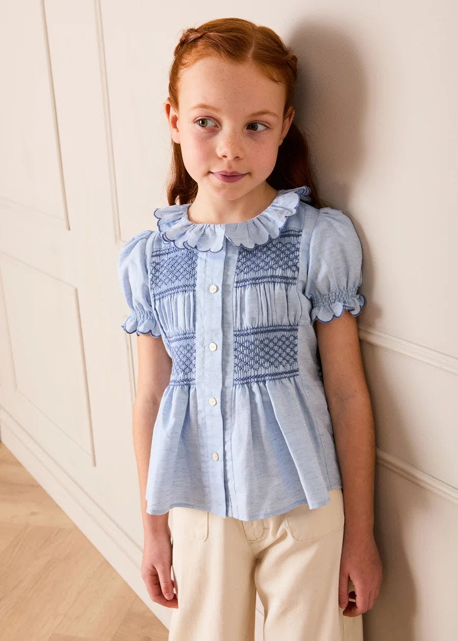 Smocked Peplum Scallop Collar Blouse in Blue (2-12yrs)