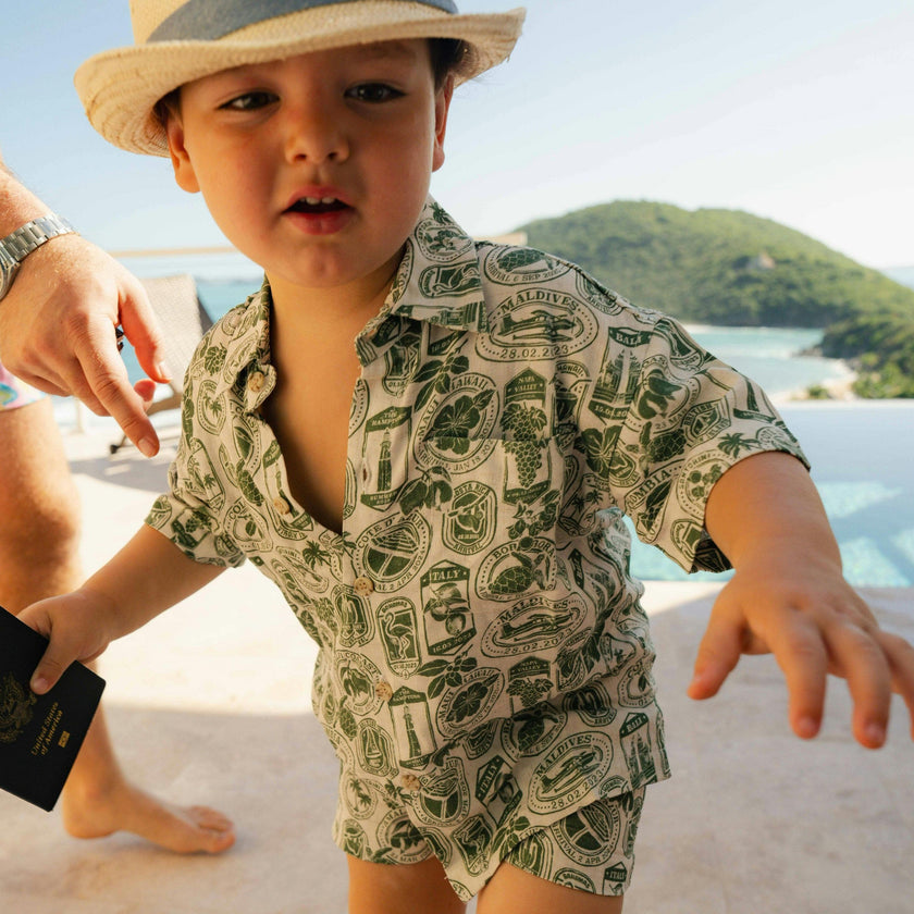 The Passport to Paradise - Boys Linen Passport Stamp Hawaiian Shirt