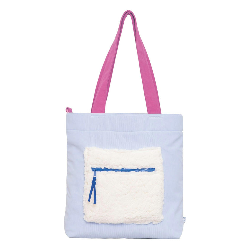 Color Block Tote – Corduroy & Sherpa Bag with Double Pockets + Cozy Coin Purse, BlueBell