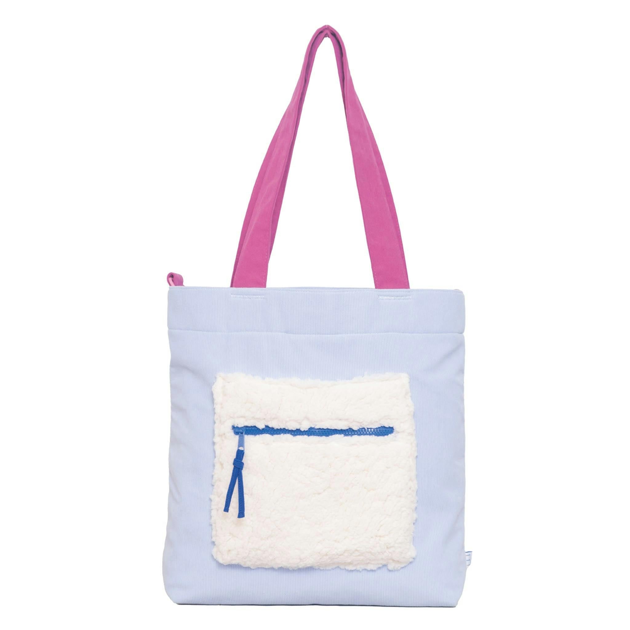 Color Block Tote – Corduroy & Sherpa Bag with Double Pockets + Cozy Coin Purse, BlueBell