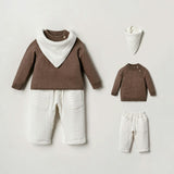 Brown 3-Piece Knit Sweater, Pant & Bandana Bib Set