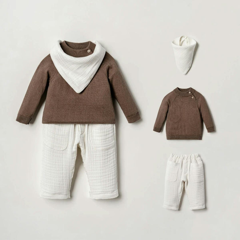 Brown 3-Piece Knit Sweater, Pant & Bandana Bib Set