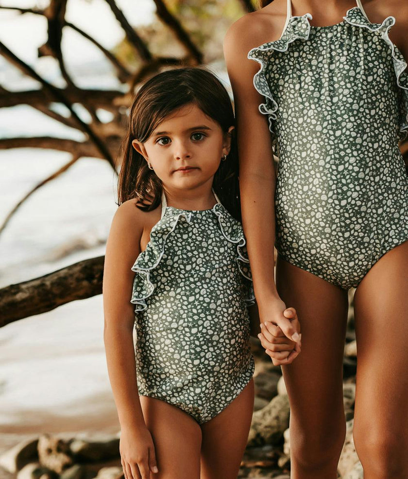 Linda One Piece Swimsuit Shell Print Sage