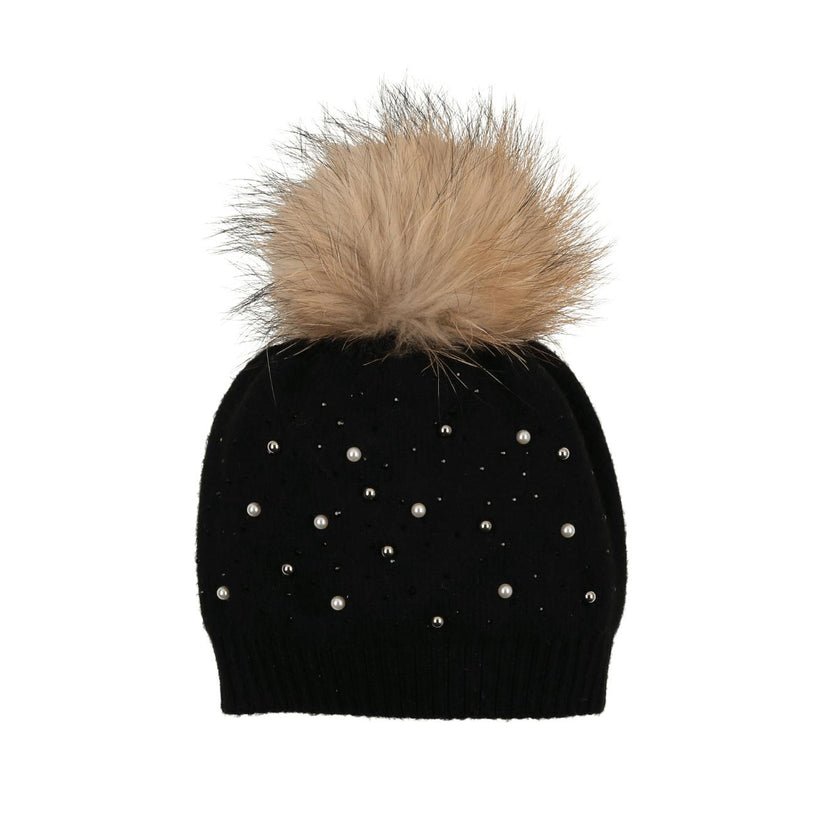 Pearl Studded Wool Hat With A Genuine Fur Pom (TikTok)