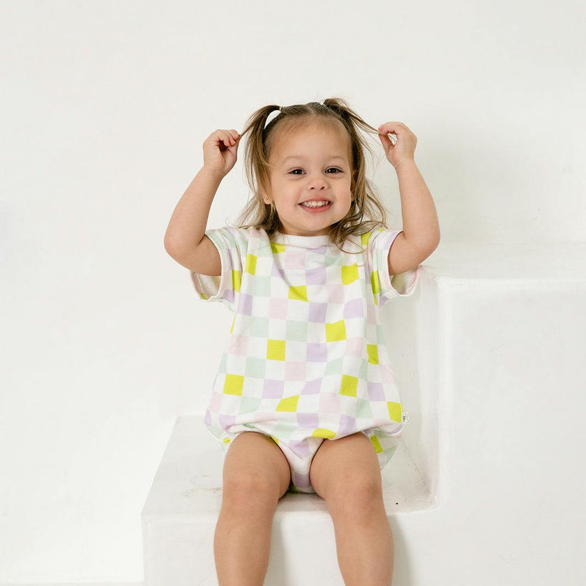 multi-checkered bubble romper