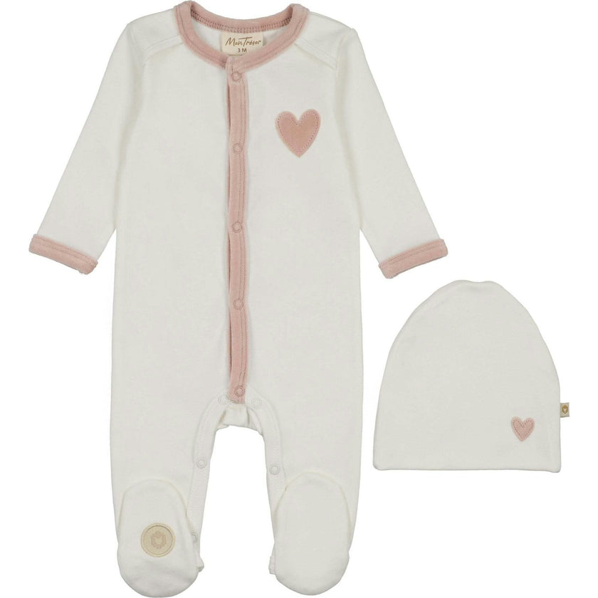 Heart-Patch Velour Footie & Hat Set