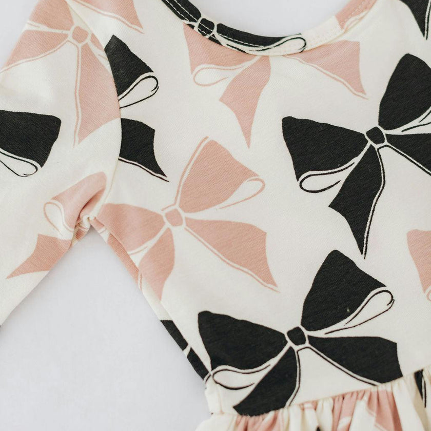 3/4 Sleeve Twirl Dress in Vintage Pink and Black Bows