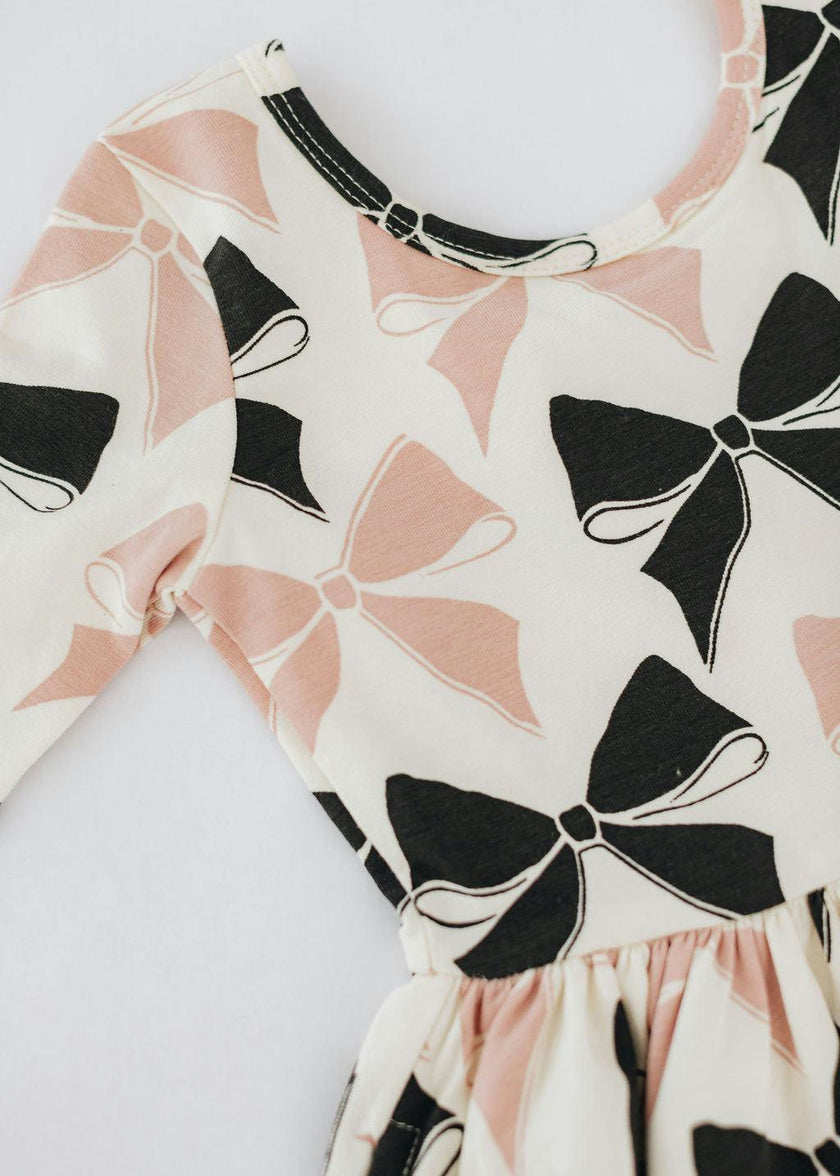 3/4 Sleeve Twirl Dress in Vintage Pink and Black Bows