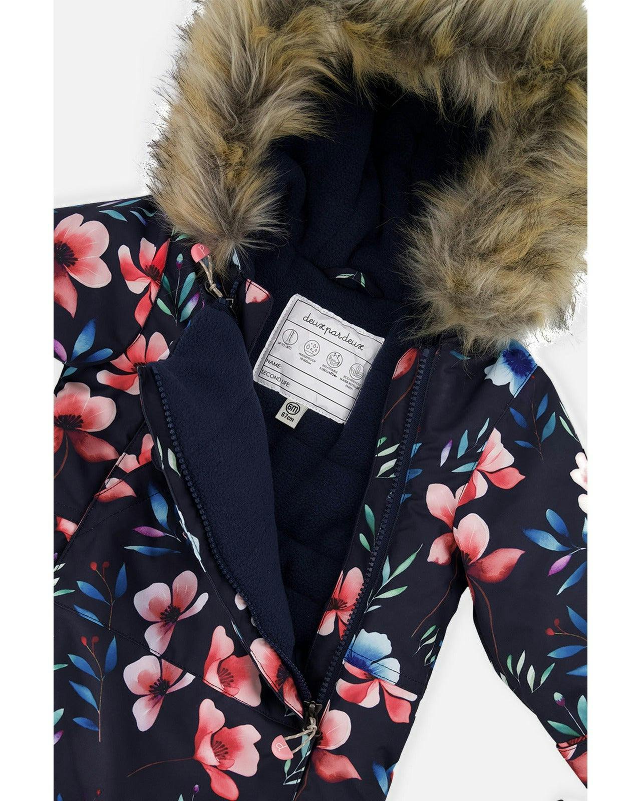 Baby One Piece Snowsuit Adapted For Car Seats Blue Floral Print