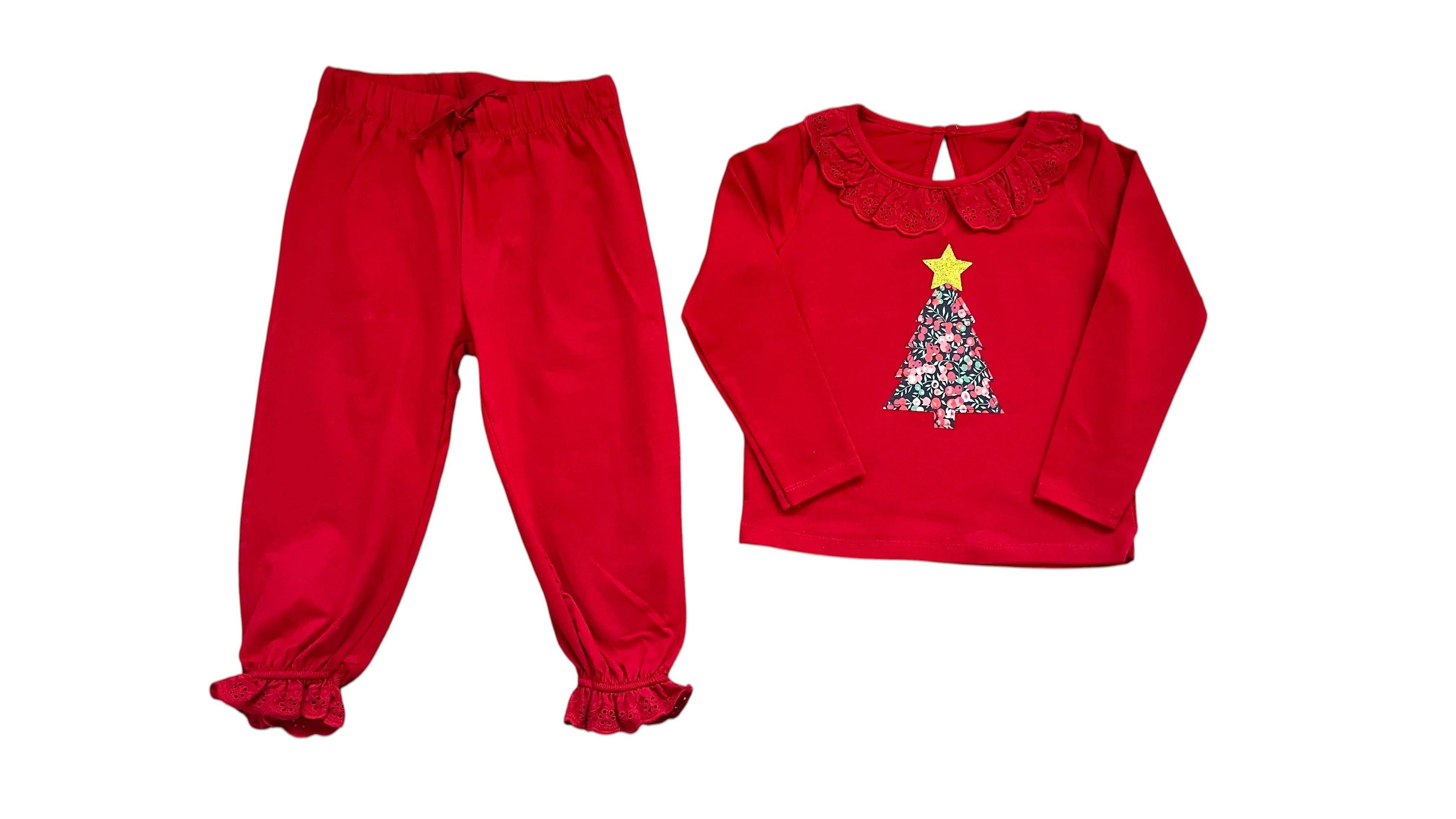 Liberty of London children's Christmas tree frilled pyjamas - red