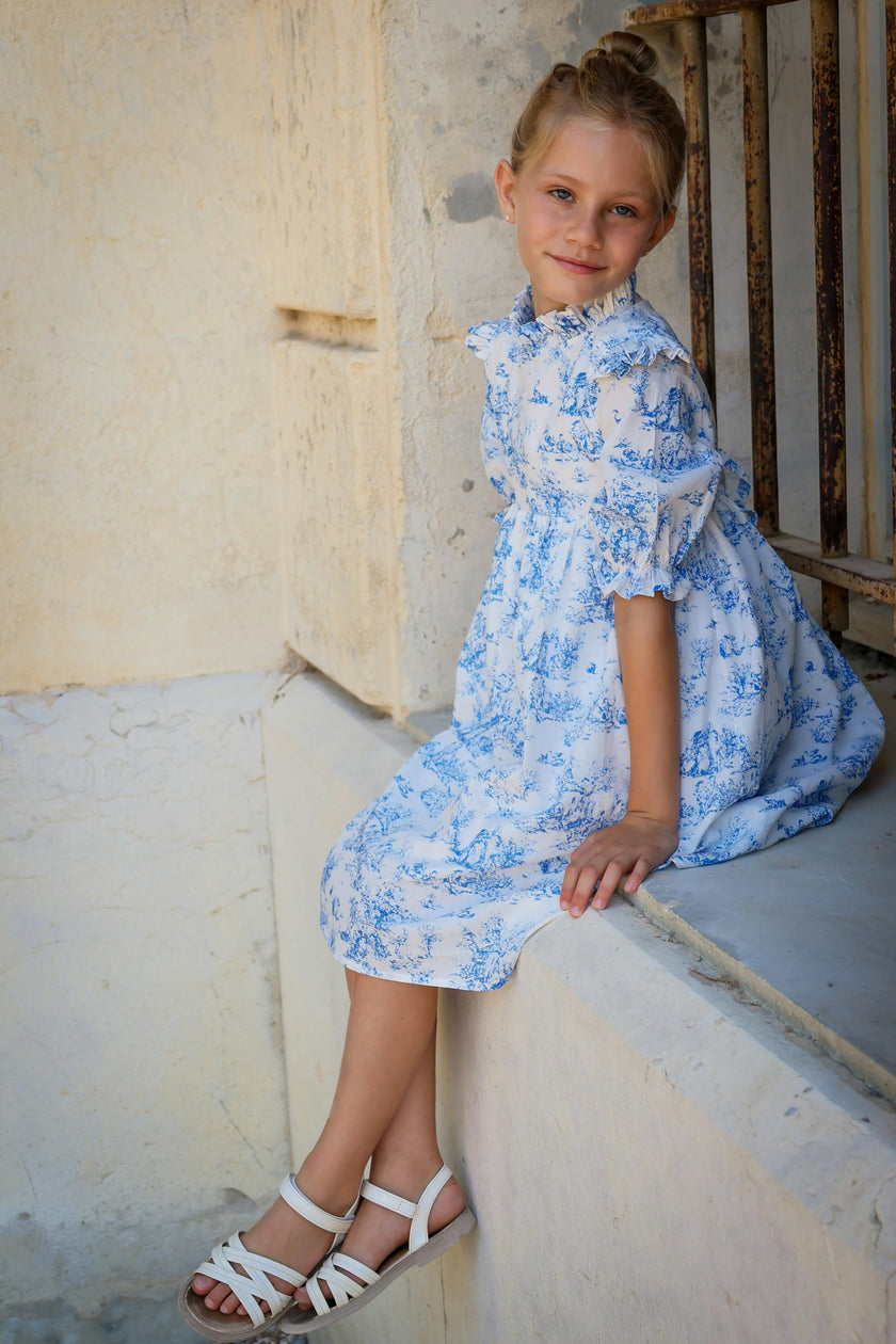Aoki Blue Toile Dress | Short Sleeve
