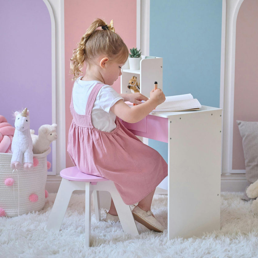Rosé Shine Wood Vanity & Desk with LED Mirror & Stool