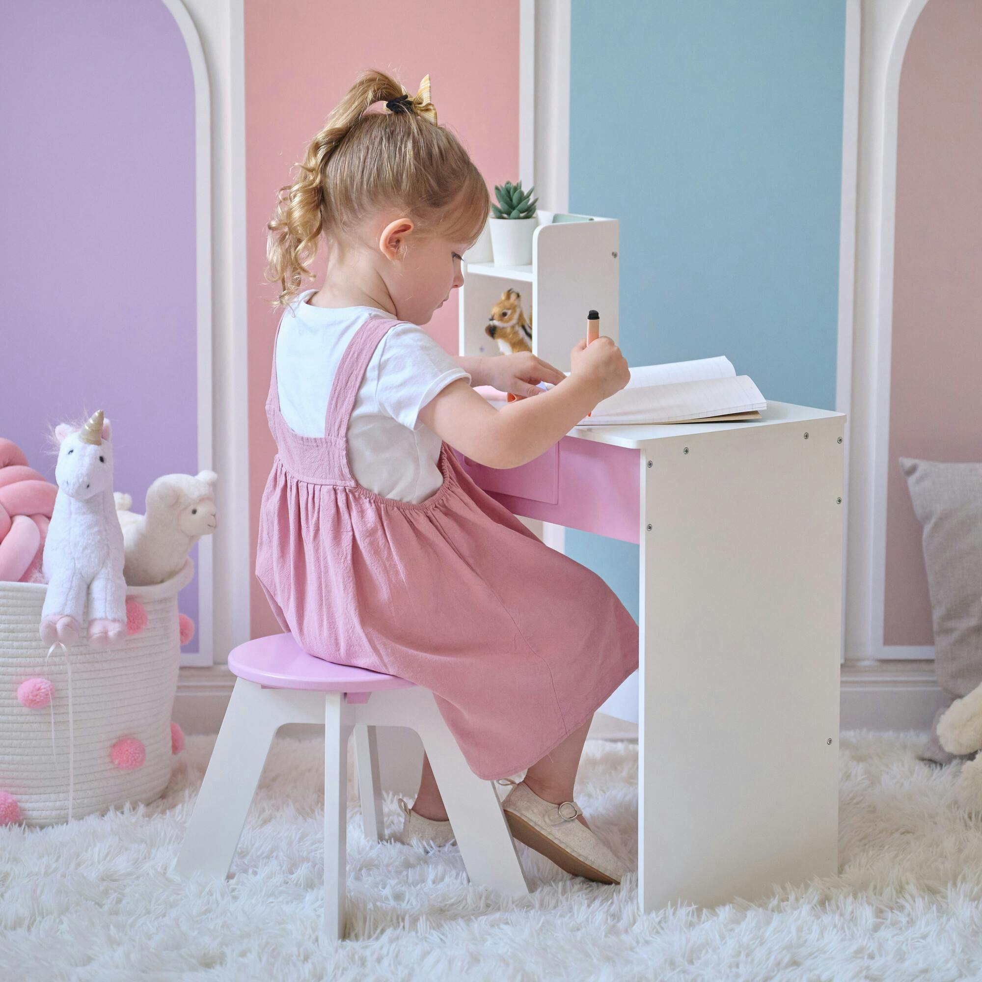 Rosé Shine Wood Vanity & Desk with LED Mirror & Stool