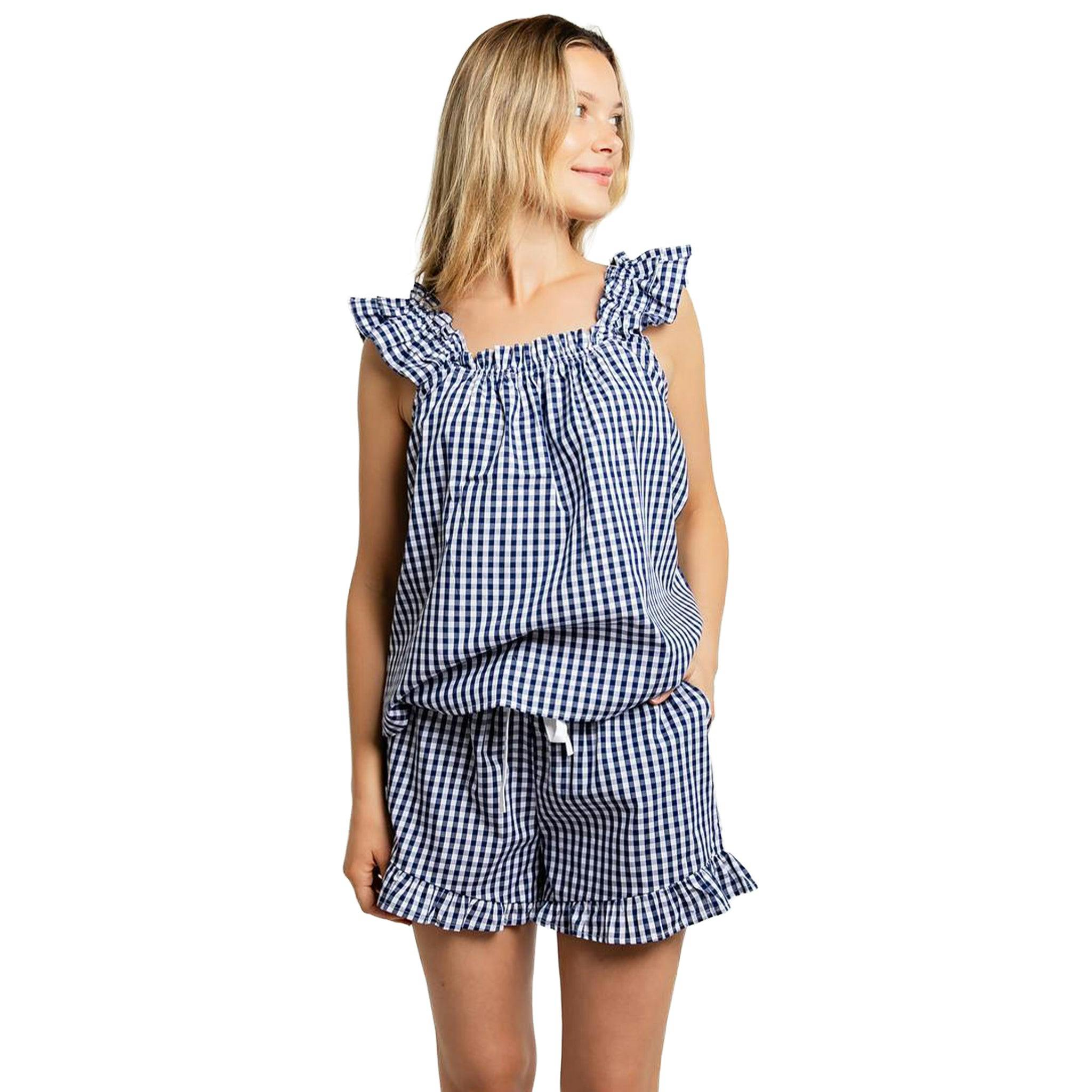 Women's Hepburn Gingham Navy Frill Tank PJ Set