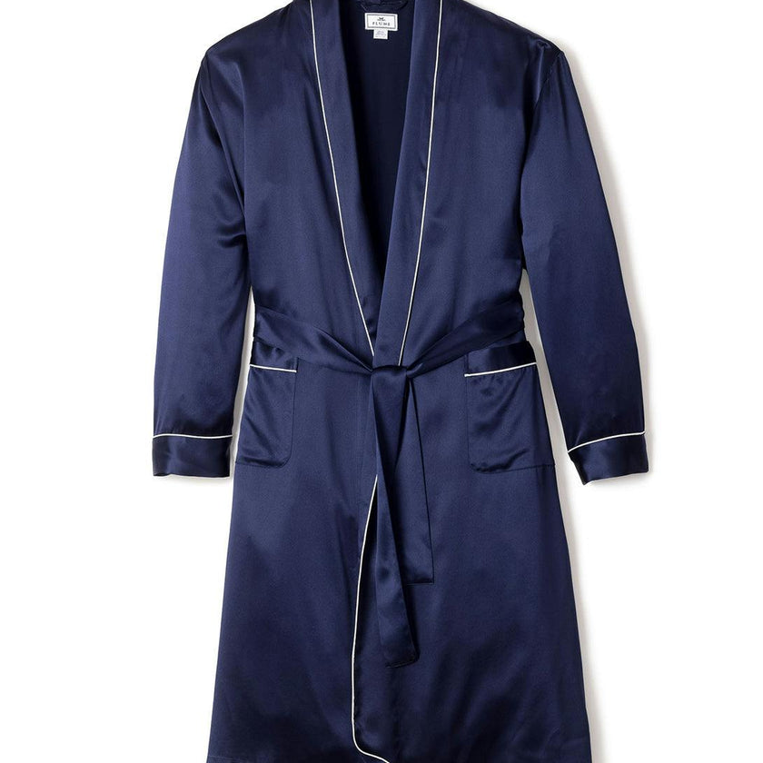 Men's Silk Long Robe in Navy