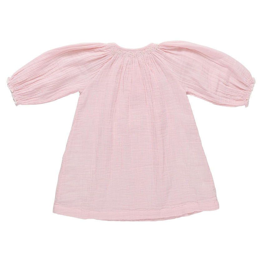 Girls Ava Dress - Pink White Embroidery