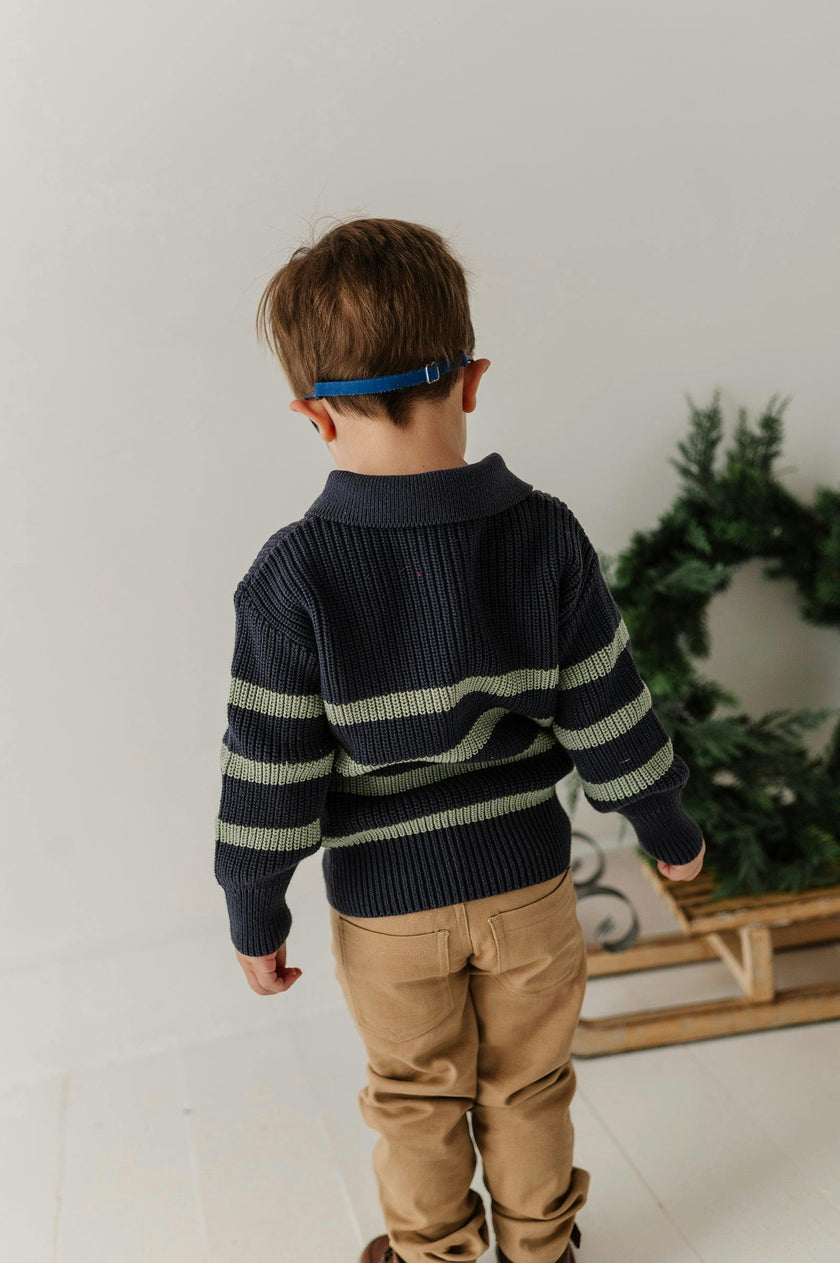 Boys Striped Zip Up Sweater in Evergreen Stripe