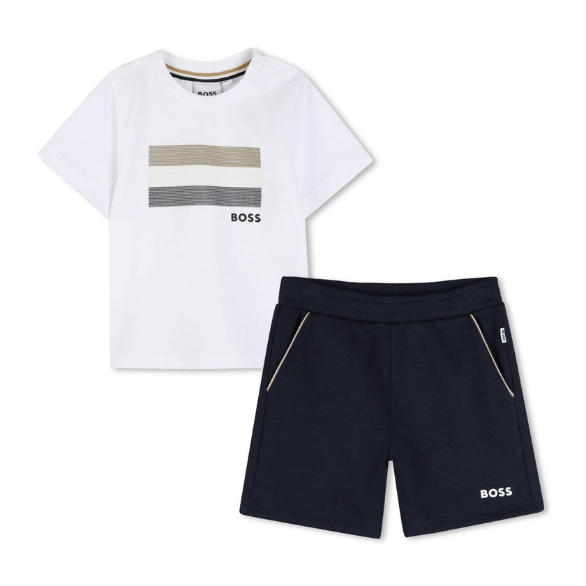 White & Navy Graphic Short Set