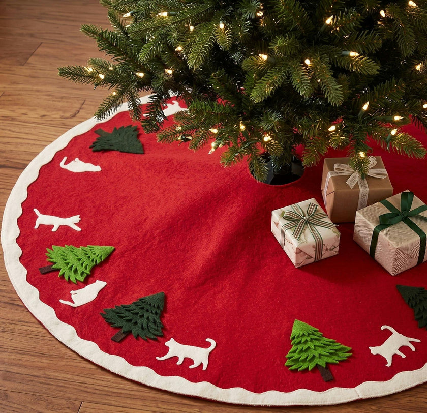 Cats and Green Trees Hand-Felted Christmas Tree Skirt - 60"