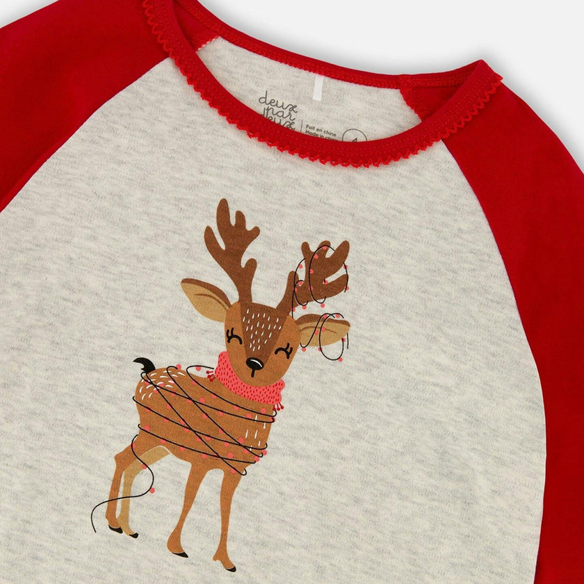 Organic Cotton Two-Piece Pajamas Beige Girly Reindeer Print