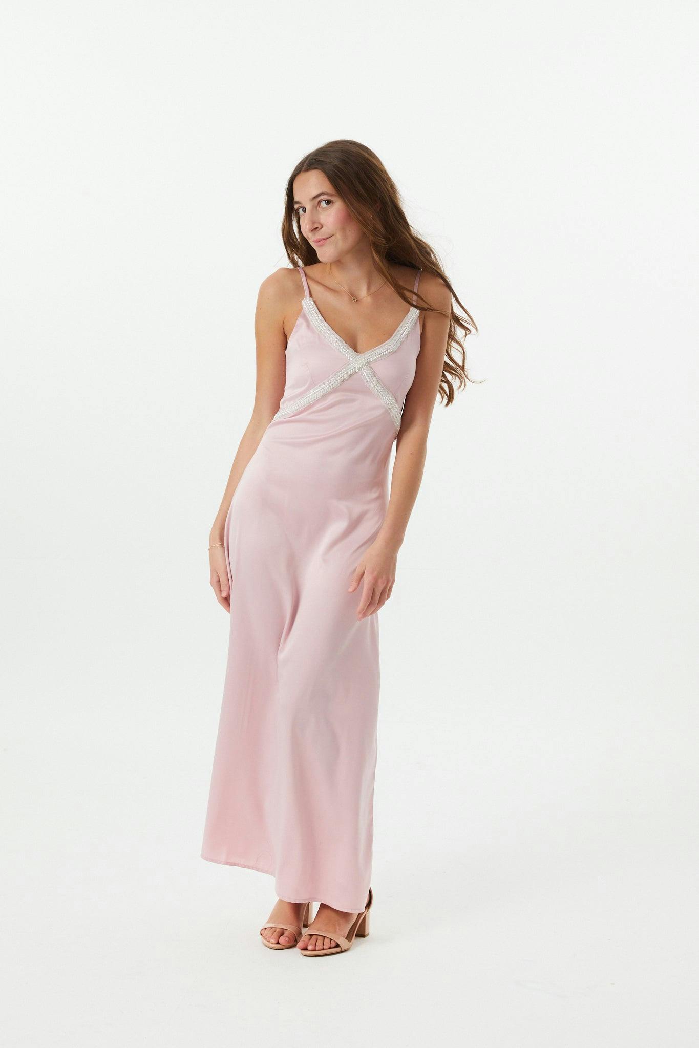 Miller Mauve Satin Maxi Dress With Lace Trim